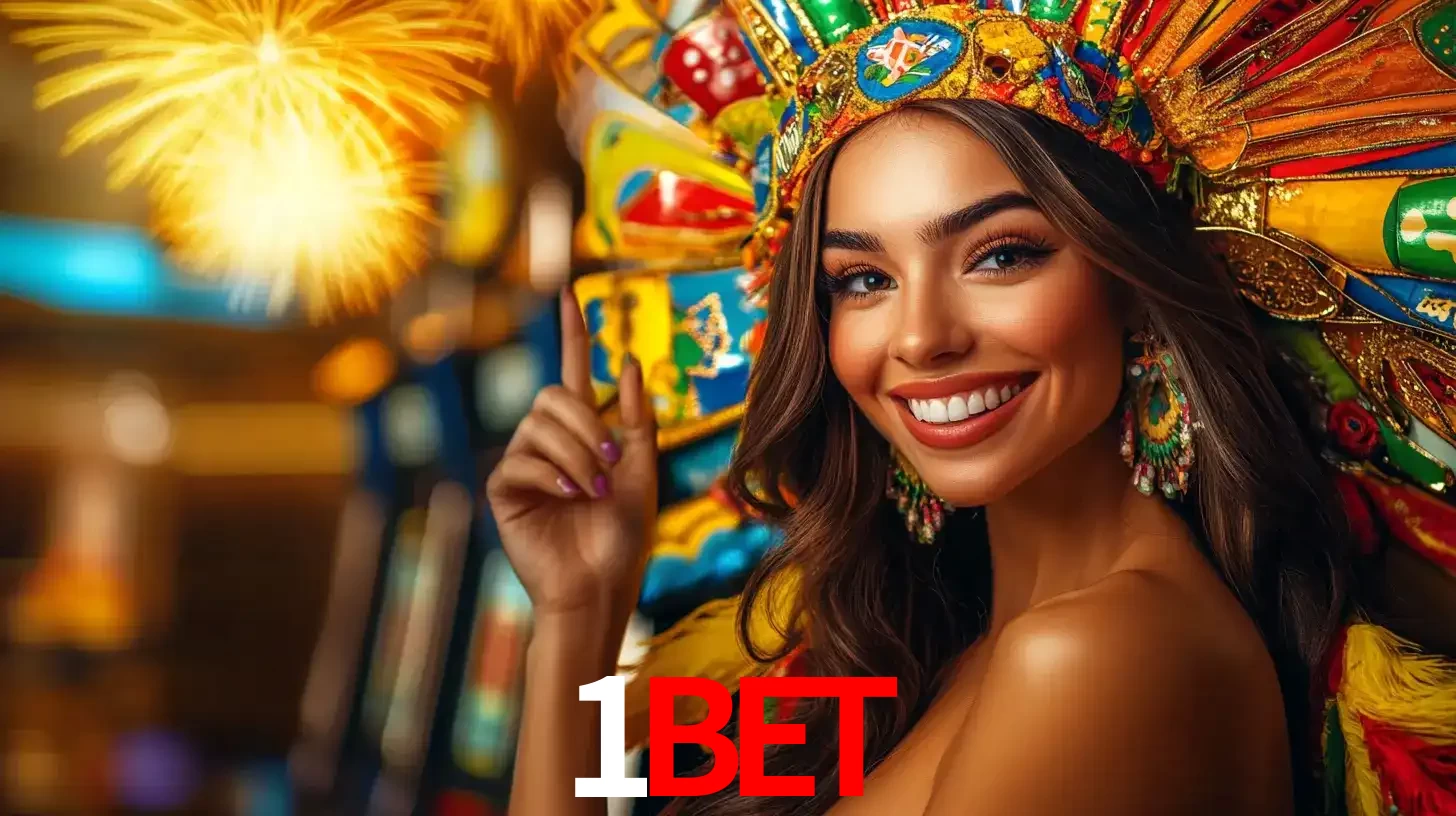 Mulher sorridente com um cocar de carnaval vibrante e colorido, celebrando uma grande vitória nos jogos do cassino 1BET com fogos de artifício ao fundo.