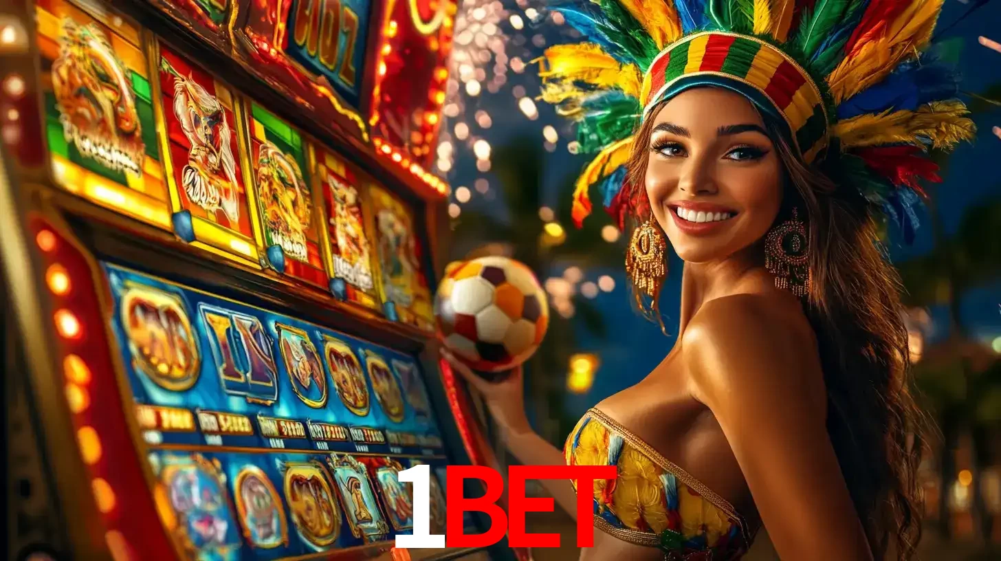 Mulher com um cocar de carnaval ao lado de uma máquina de caça-níqueis enquanto segura uma bola de futebol, mostrando a união da diversão de cassino e esportes no 1BET.