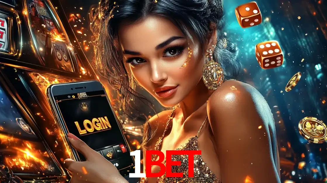 Mulher glamourosa segurando um celular com a tela de login do cassino 1BET, rodeada por dados e moedas douradas, pronta para começar a diversão.