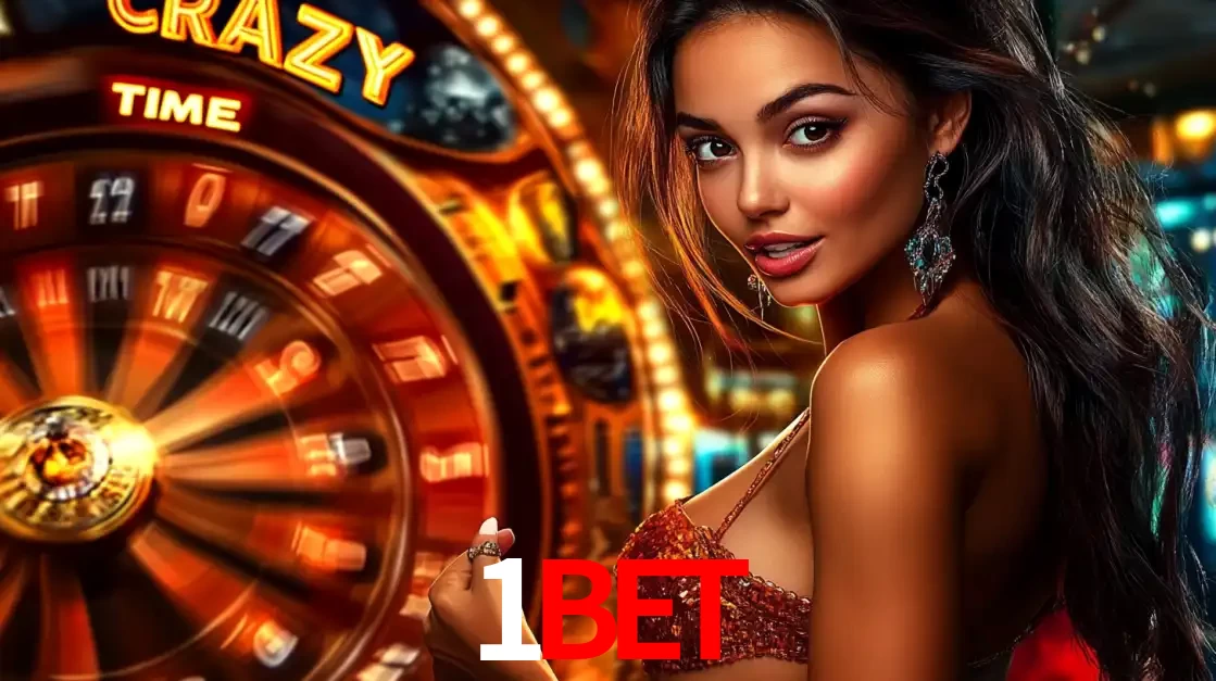 Mulher ao lado da roda de prêmios do jogo de cassino ao vivo Crazy Time, um dos shows de jogos mais emocionantes oferecidos pela plataforma de apostas 1BET.