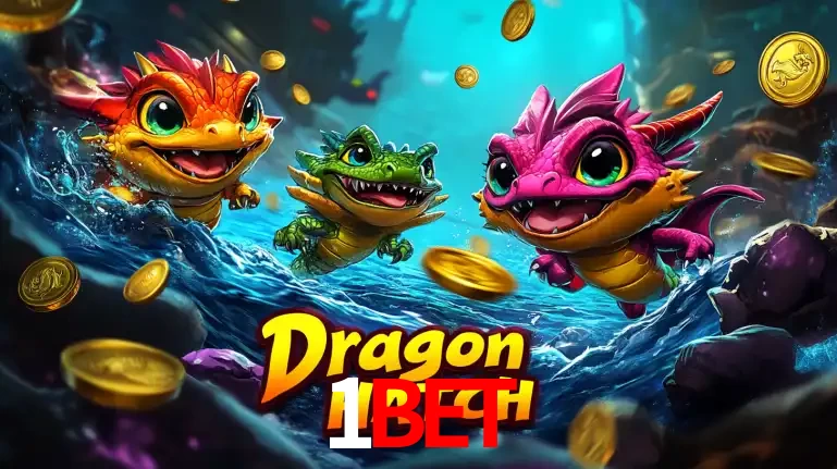 Arte promocional do jogo Dragon Hatch com três adoráveis dragões bebês nadando entre moedas de ouro, um dos slots mais divertidos para jogar no cassino 1BET.