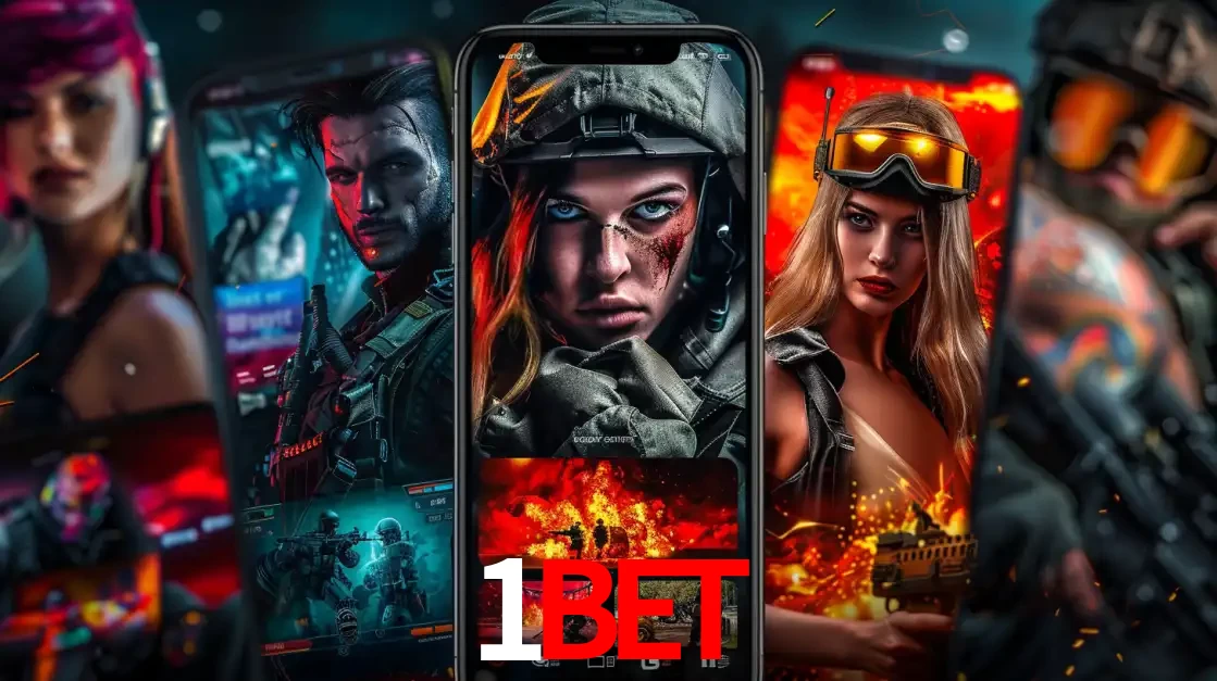 Montagem de telas de celular mostrando diversos personagens, masculinos e femininos, de um jogo de tiro, ilustrando a diversidade de equipes de e-sports para apostar no 1BET.