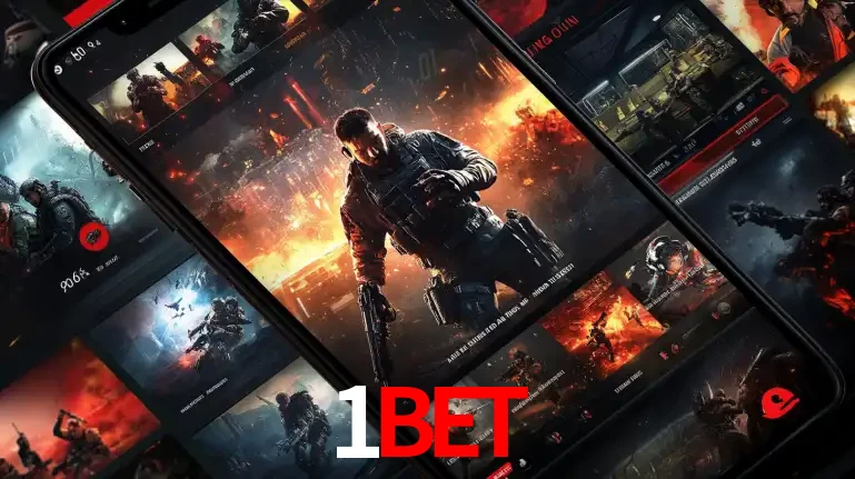 Tela de um celular exibindo uma galeria de jogos de tiro com temática militar, mostrando a variedade de e-sports disponíveis para apostas na plataforma de entretenimento 1BET.
