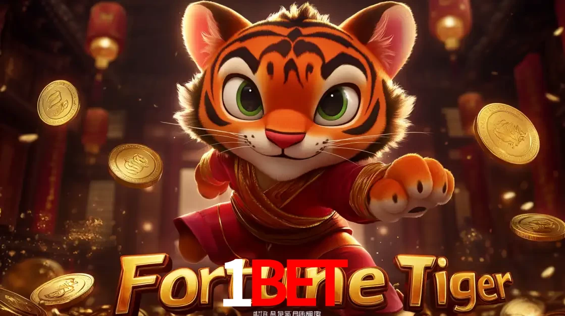 O carismático mascote do jogo de slot Fortune Tiger, um tigre fofo em pose de artes marciais, pronto para trazer sorte e multiplicadores de ganhos no cassino online 1BET.