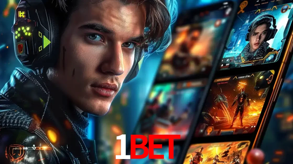 Jovem jogador com fones de ouvido olhando para a câmera, com um aplicativo de jogos e e-sports para celular ao fundo, pronto para a competição e apostas no 1BET.