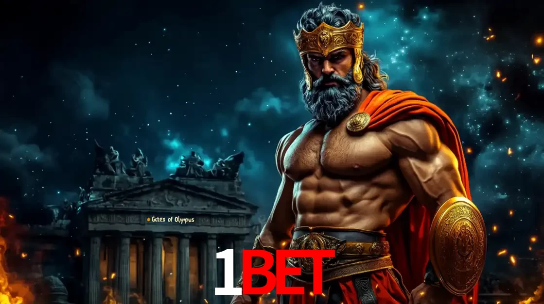O poderoso Zeus do jogo de slot Gates of Olympus em frente ao seu templo, pronto para lançar multiplicadores divinos e prêmios épicos no cassino online 1BET.