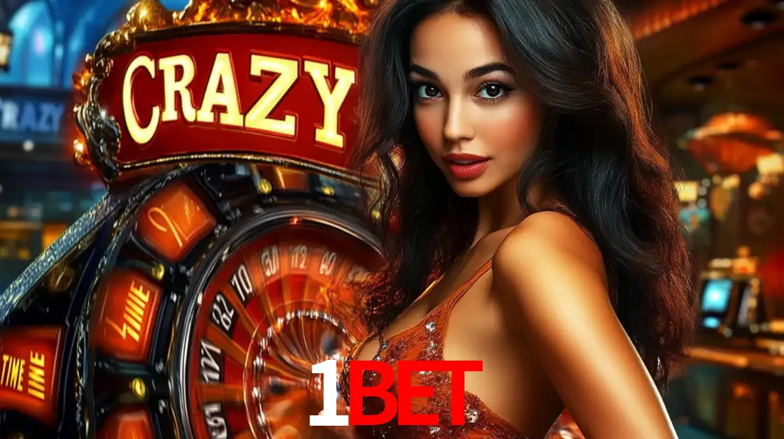 Mulher glamourosa olhando para a câmera com a roda vermelha do Crazy Time ao fundo em um ambiente de cassino, destacando a emoção dos jogos ao vivo no 1BET.