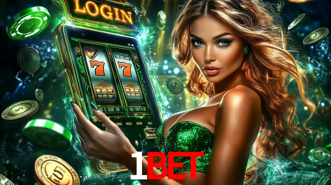 Mulher com tema verde apresentando o aplicativo do cassino 1BET com um jogo de slot de 777, cercada por fichas de cassino e uma aura de sorte.