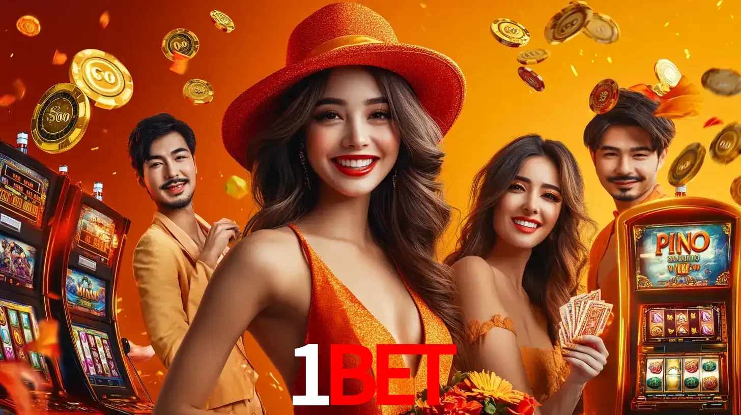 Grupo de amigos asiáticos sorrindo e se divertindo com máquinas de caça-níqueis em um ambiente festivo, celebrando suas vitórias nos jogos de cassino do 1BET.