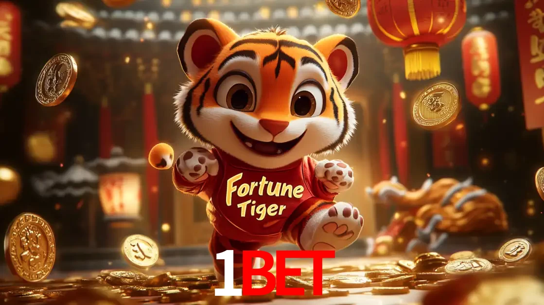 O alegre personagem do Fortune Tiger correndo sobre um caminho de moedas de ouro, simbolizando os grandes prêmios e a diversão do popular jogo de slot do 1BET.