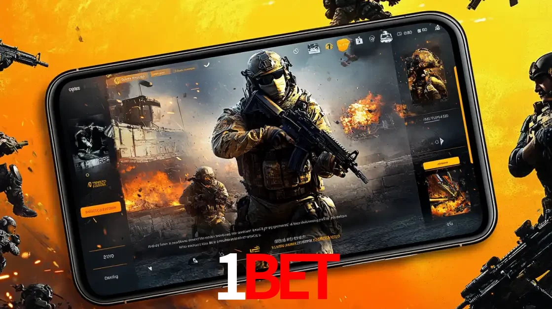 Um smartphone exibindo a interface de um jogo de tiro em primeira pessoa, com um soldado em um cenário de batalha, representando a ação dos e-sports para apostar no 1BET.