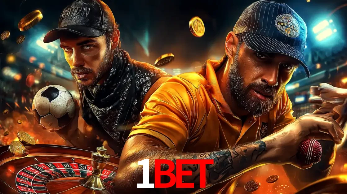 Montagem de apostas esportivas e cassino no 1BET, com um homem segurando uma bola de futebol e outro uma de beisebol sobre uma roleta e moedas voadoras.