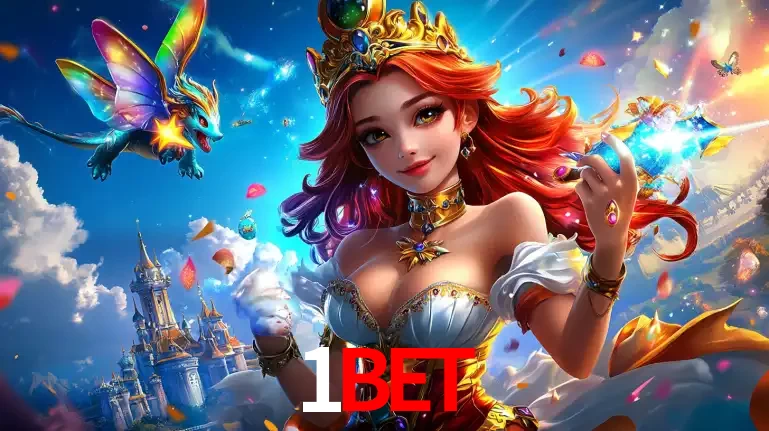 A princesa de um reino de fantasia mágico, com seu pequeno dragão, apresentando um mundo de prêmios encantados nos jogos de caça-níqueis do cassino 1BET.