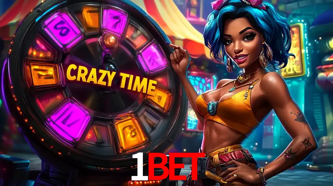 Mulher estilizada com cabelo azul e visual vibrante posando ao lado da roda de prêmios do game show Crazy Time, convidando para a diversão e os bônus do cassino 1BET.