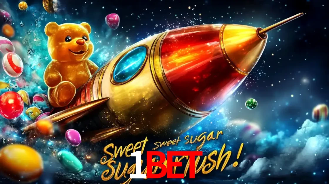 Arte promocional do jogo de slot Sugar Rush, com um urso de pelúcia em um foguete viajando pelo espaço de doces, um dos jogos divertidos disponíveis no cassino 1BET.