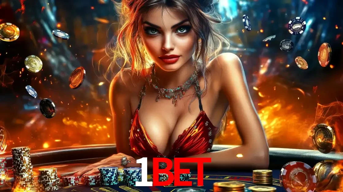 Mulher em uma mesa de cassino com pilhas de fichas e um fundo de fogo, pronta para uma rodada de altas apostas nos jogos de mesa emocionantes do cassino 1BET.
