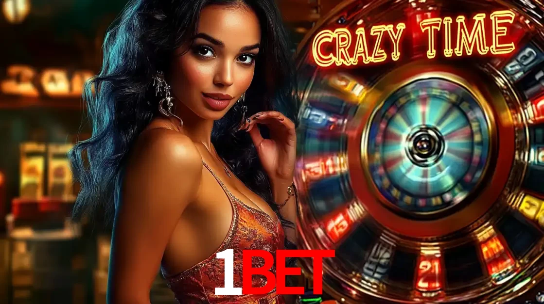 Mulher elegante ao lado da vibrante roda da fortuna do jogo de cassino ao vivo Crazy Time, um dos game shows mais populares e cheios de prêmios do 1BET.