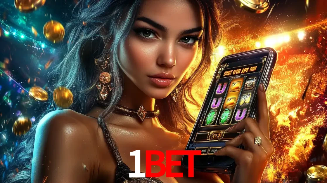 Mulher elegante mostrando um jogo de caça-níqueis em seu smartphone, destacando a experiência de cassino móvel oferecida pelo aplicativo 1BET.