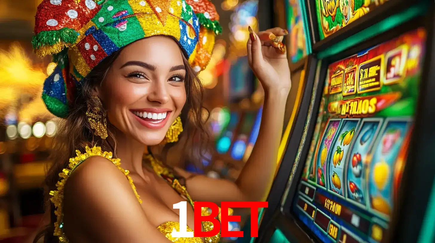 Mulher feliz com traje de carnaval amarelo e colorido ao lado de uma máquina de caça-níqueis, aproveitando a diversão e os jogos temáticos do cassino 1BET.