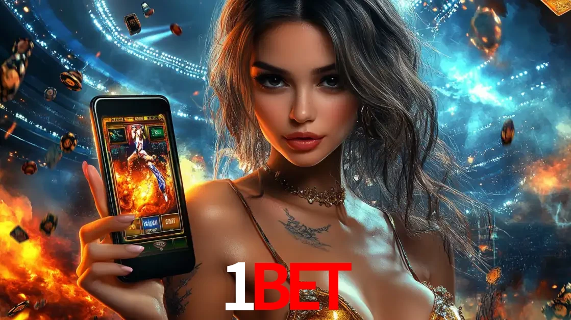 Mulher segurando um celular com um jogo de slot em destaque, tendo como fundo um estádio vibrante, simbolizando a emoção de jogar no cassino móvel 1BET.