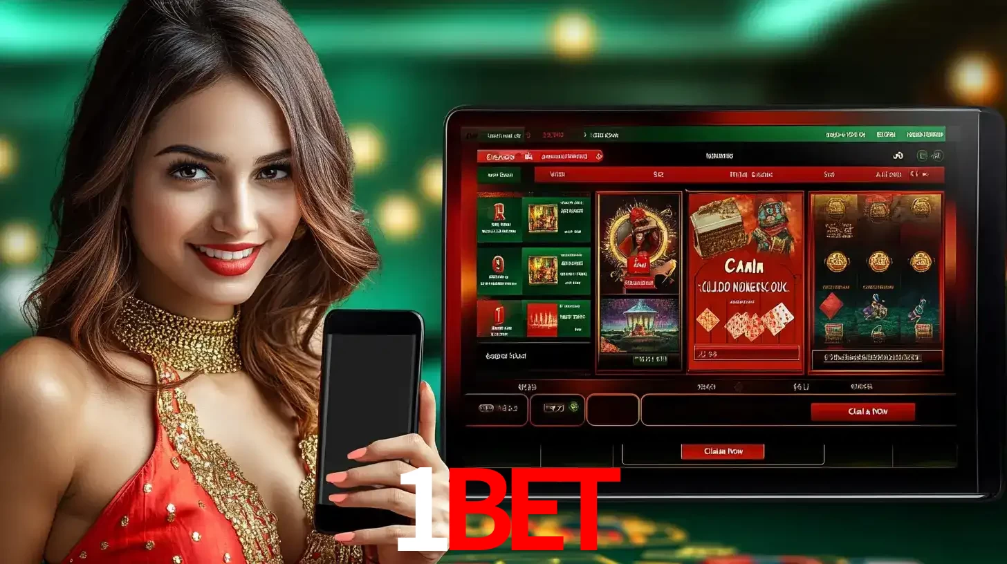 Mulher sorridente segurando um smartphone, ao lado de uma tela exibindo o lobby de jogos do cassino online 1BET, com várias opções de jogos de cartas e slots.